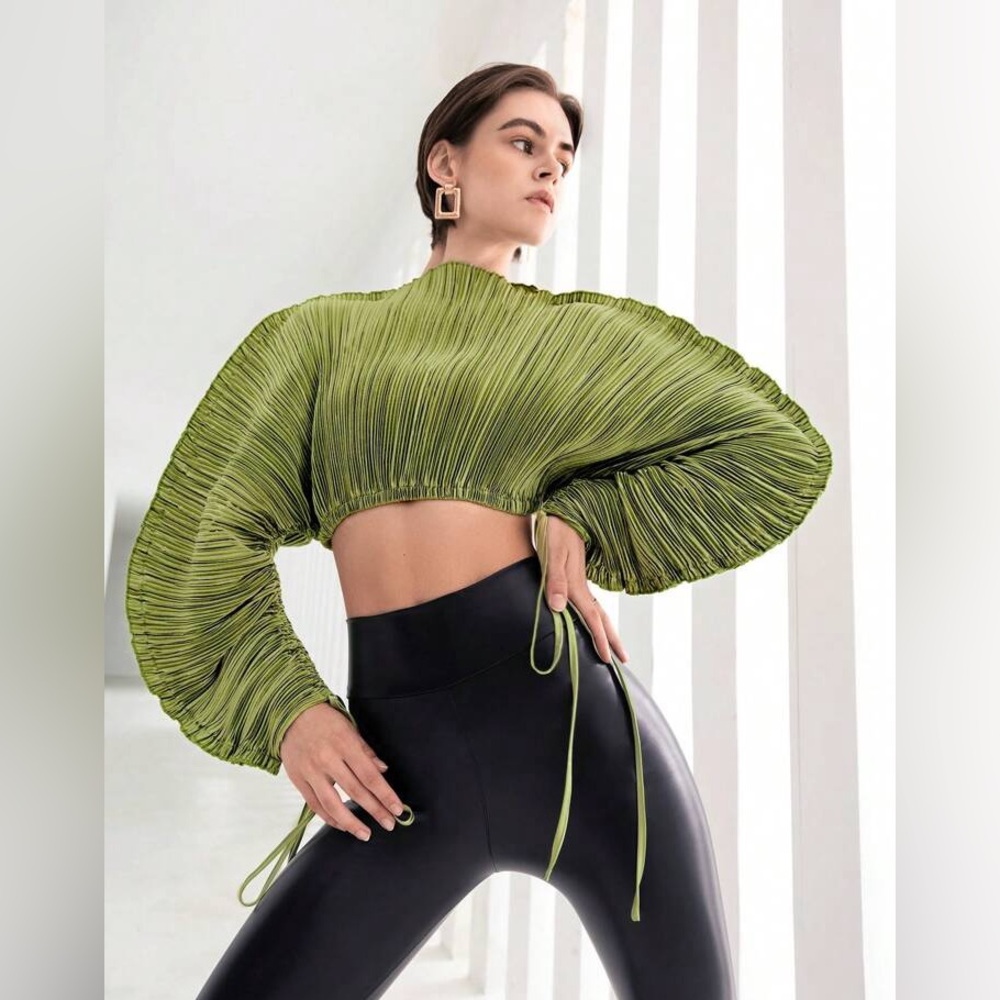 Pleated Olive Green Cropped Balloon-Sleeve Top